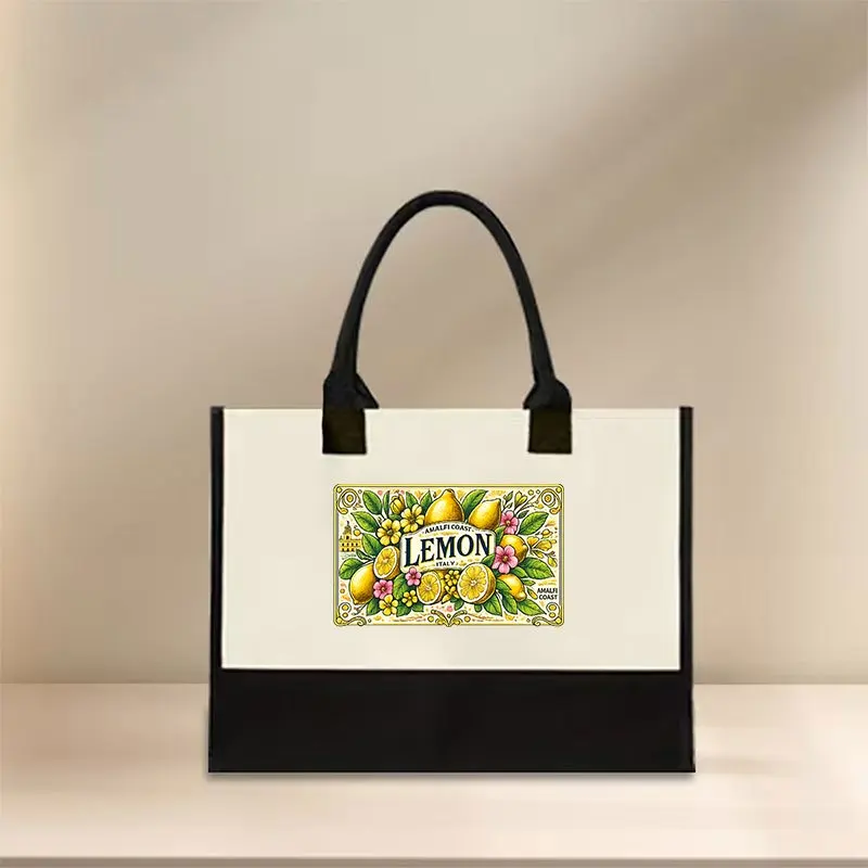 Women's Amalfi Coast Tote Bag - Large Capacity Hand-Painted Lemon Floral & Amalfi Slogan Beach Bag Suitable for Travel Handbag
