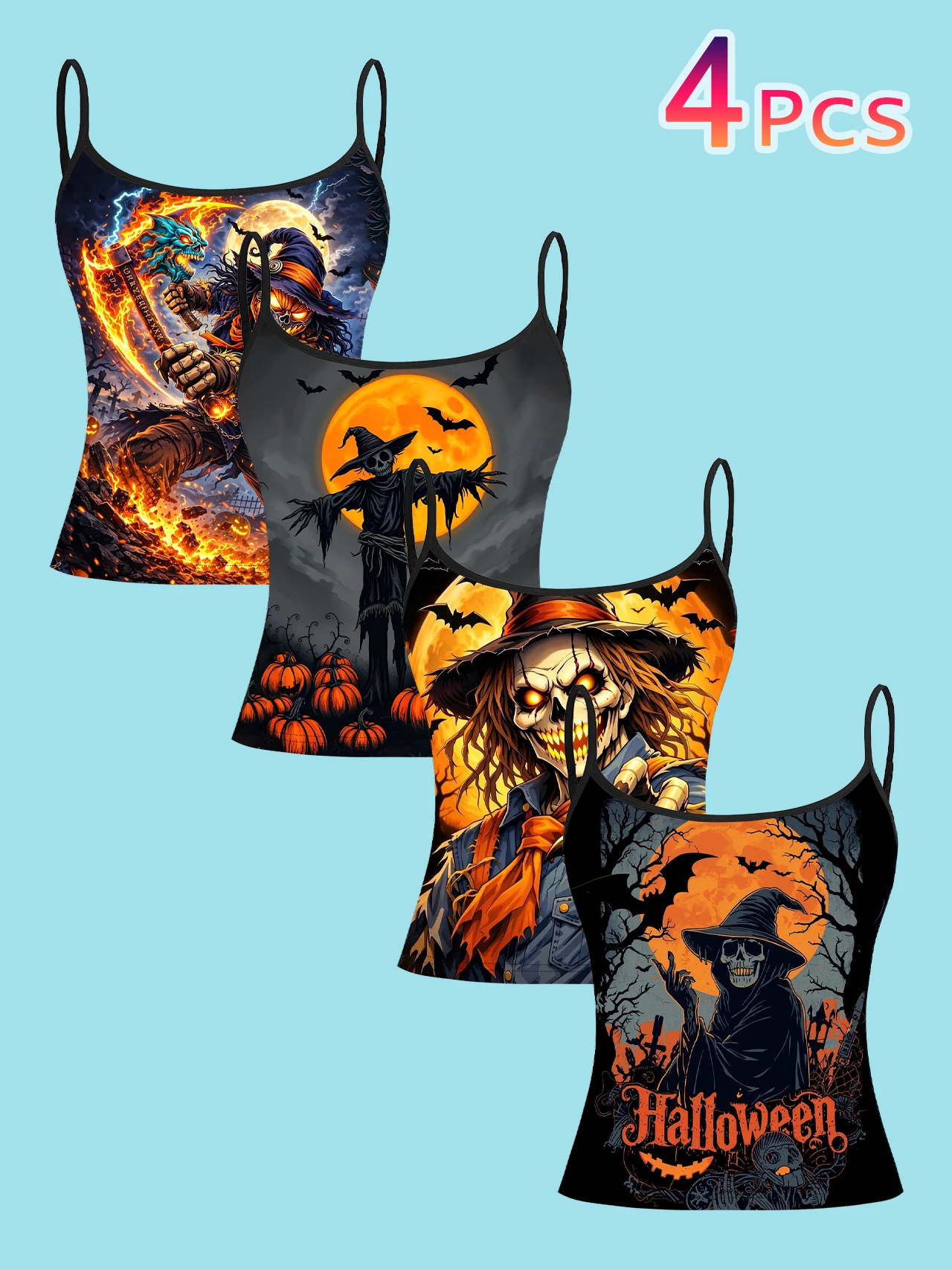 4-Piece Set of Halloween Scarecrow Skeleton Women's Camisoles with Full Moon, Bat, Pumpkin, Flame, and Dark Print, Slim-Fit Spaghetti Strap Short Camisole Tops