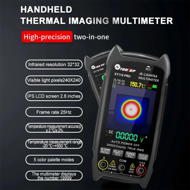 Super Sale TOOLTOP ET11S PRO Thermal Imaging Camera 32x32 Rsolution Temperature Tracking 19999 Count True RMS Multimeter Electri
