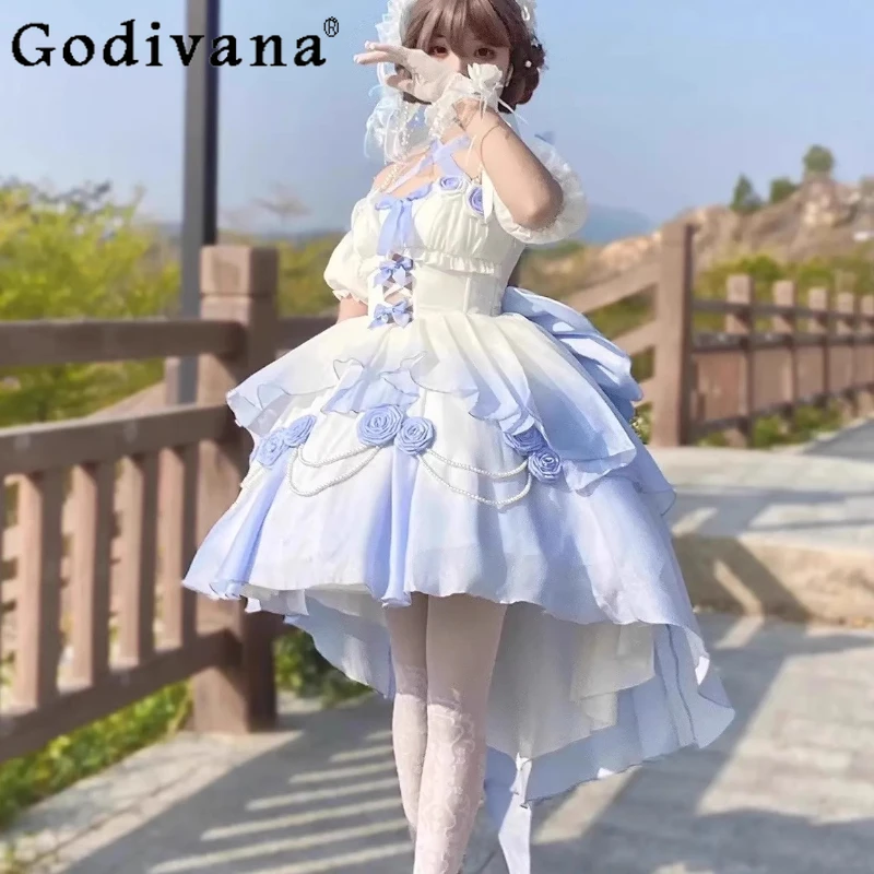 

Оригинальное свадебное платье в стиле Лолиты для девочек, летнее платье принцессы синего цвета, женское милое платье на день рождения в японском стиле
