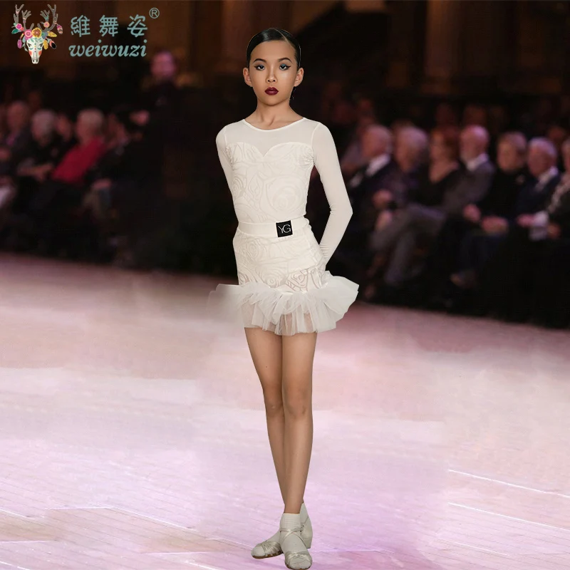 Dziecięca Sukienka do Tańca Latynoamerykańskiego Standard Narodowy Dziewczęca Sukienka Balowa z Długim Rękawem Kostium do Tańca Towarzyskiego Strój do Tańca dla Dzieci Biały