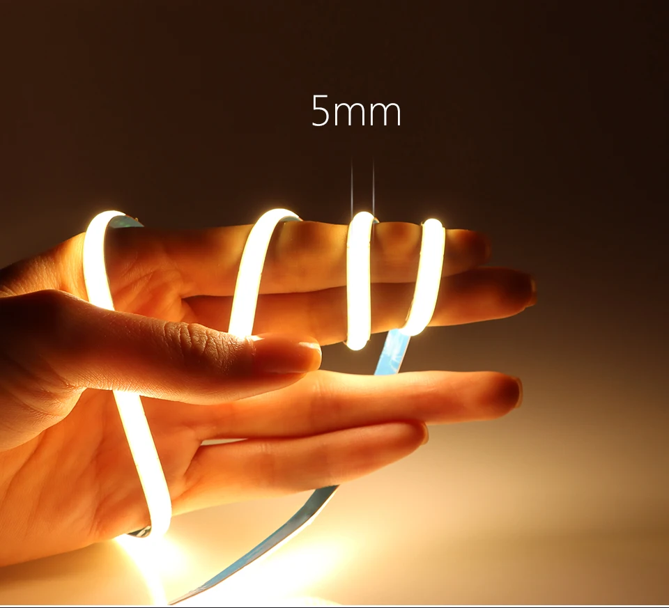 Superdünner 5 mm COB-LED-Streifen, 1 m, 2 m, 3 m, 4 m, 5 m, flexibles Neon-LED-Band mit hoher Dichte für Heim- und Raumdekoration, TV-Hintergrundbeleuchtung – Detail 8