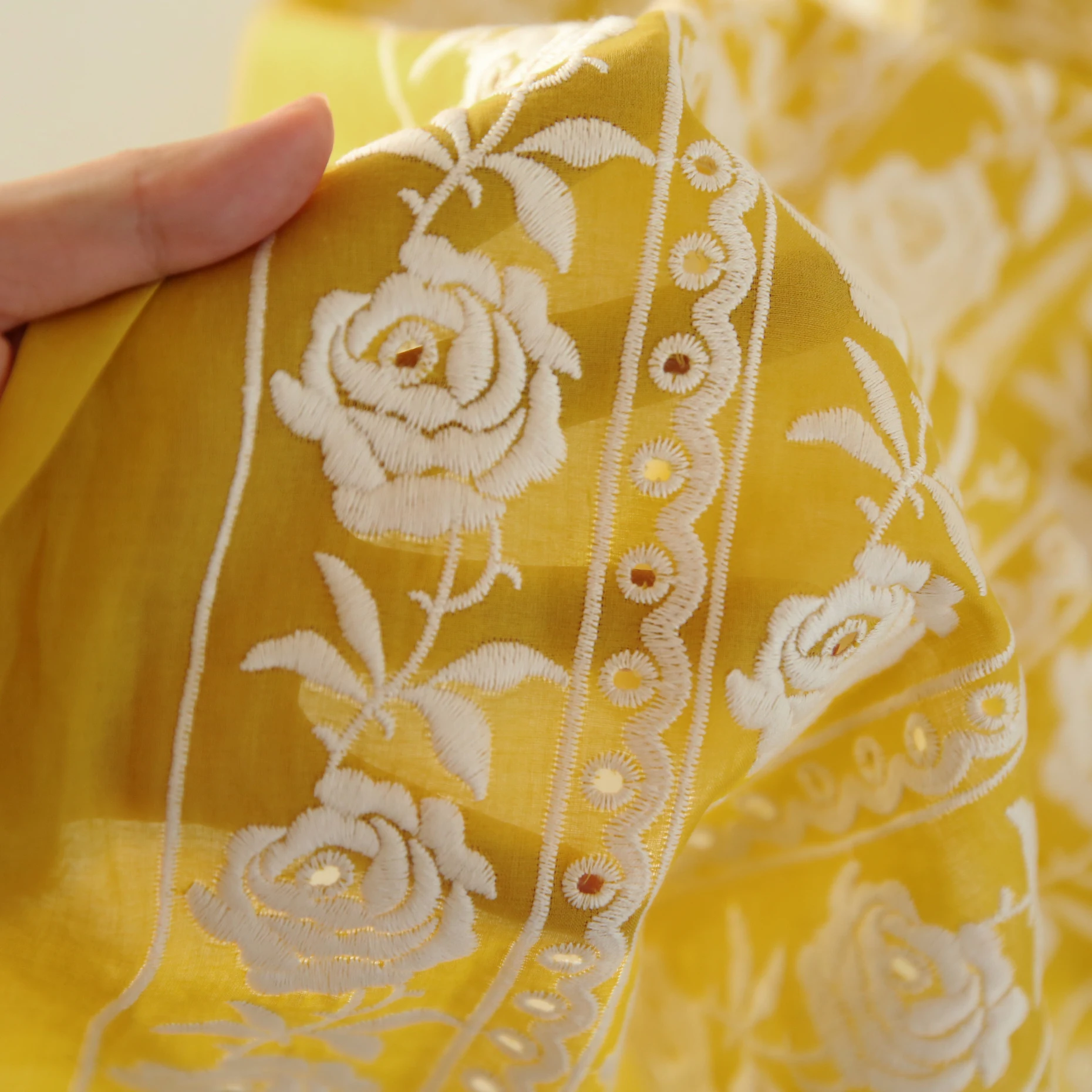 French Cotton Yellow Rose Heavy Embroidery Handmade DIY Clothing Fabric For Wedding Dress Clothing Designer Fabric
