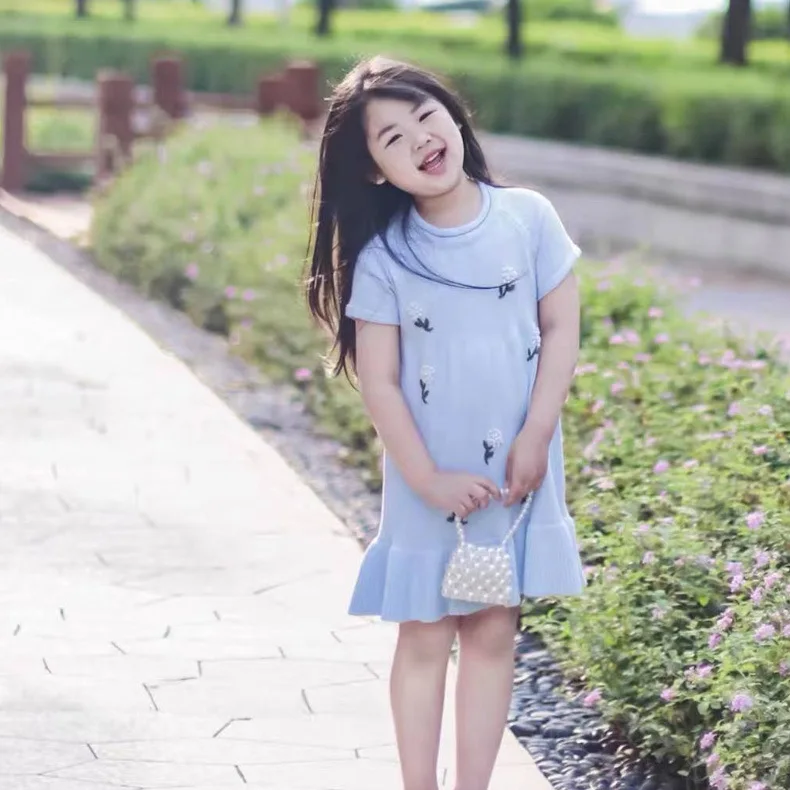 Hand Embroidered Knit Blue Dress for Girls, 2026 Spring Summer New Kids Dress, Simple Fresh Fashion Children Knitted Outfit