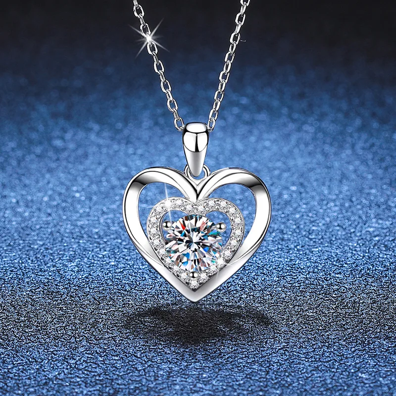 D color moissanite necklace for women moissanite pendant heart to heart 1 carat silver necklace for women platinum PT950 mark