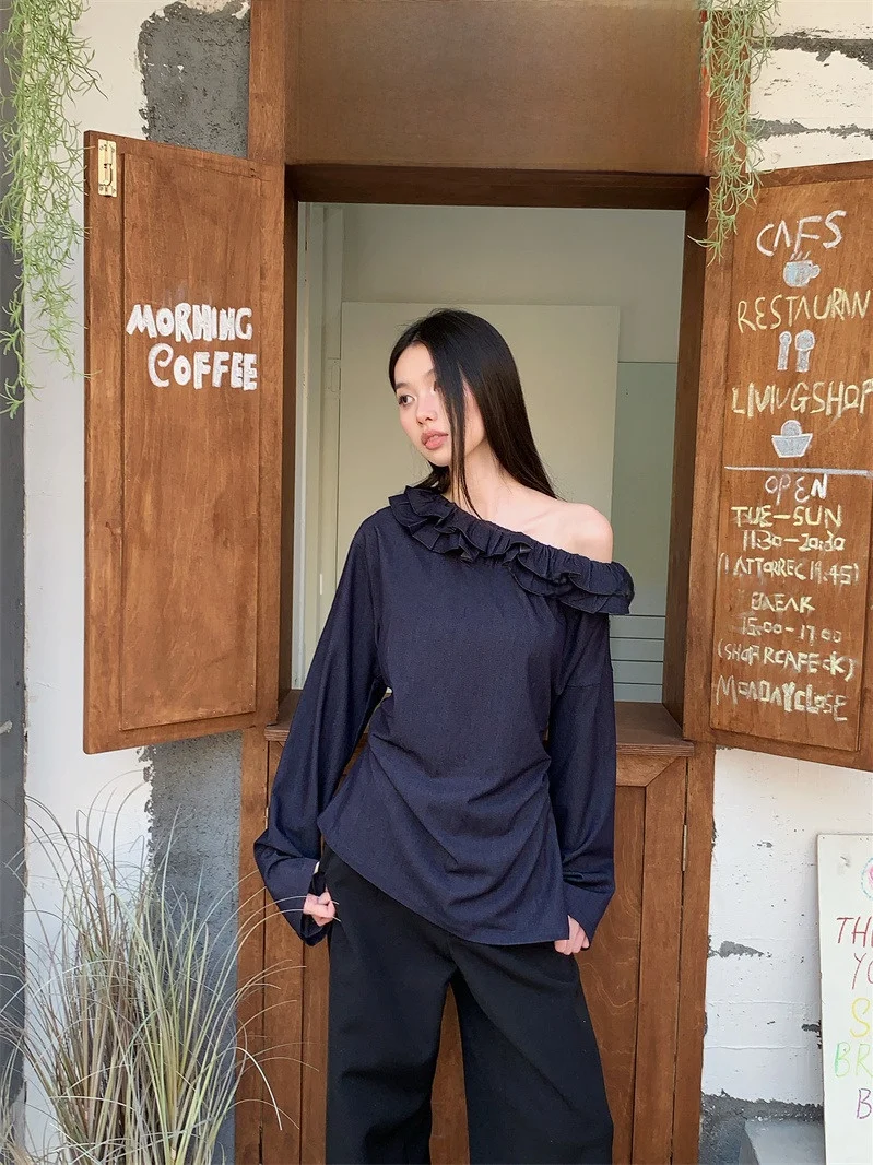 

Mint Peach Auntie Lace Collar Sloped oulder irt Women's Slimming Lazy High-End Feeling One-oulder Top Hanfu Sle