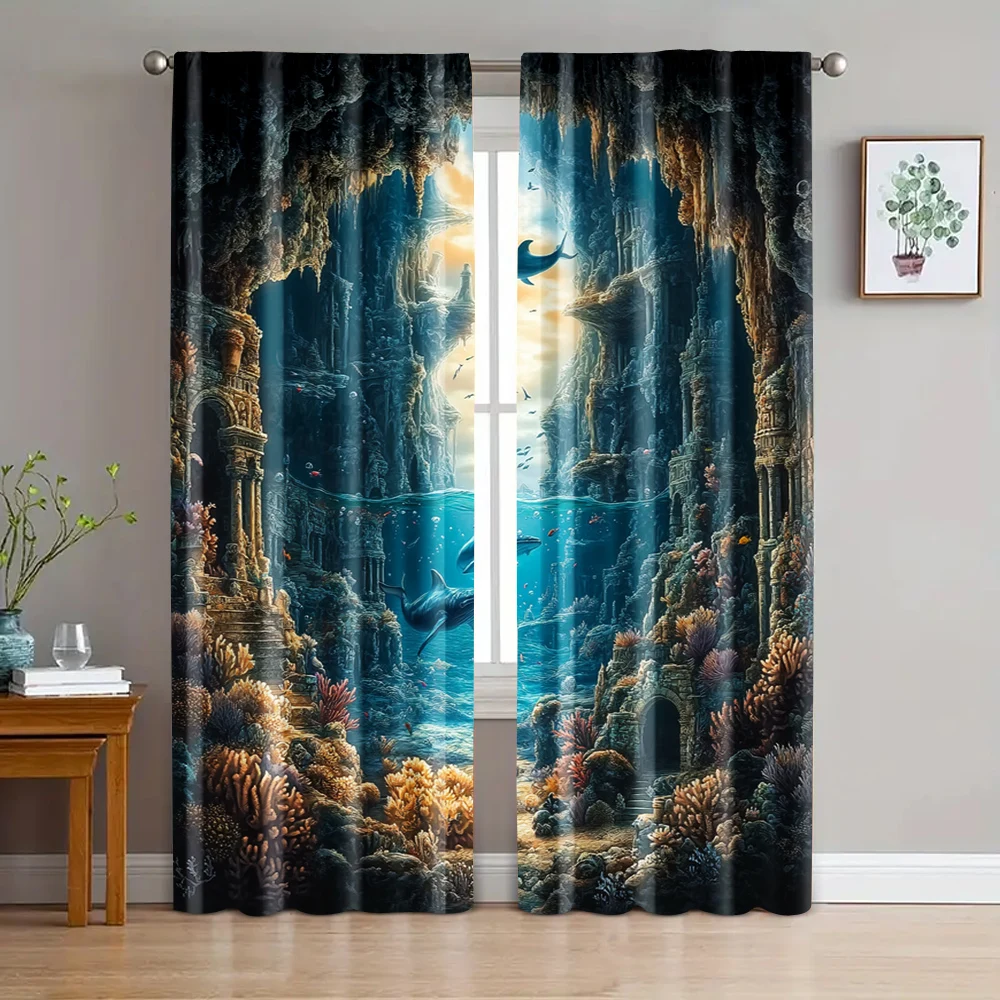 2pc,  Window Curtains underwater oasis Versatile Polyester,Without Electricity Wall Decor Use for Indoor Celebrations, Room