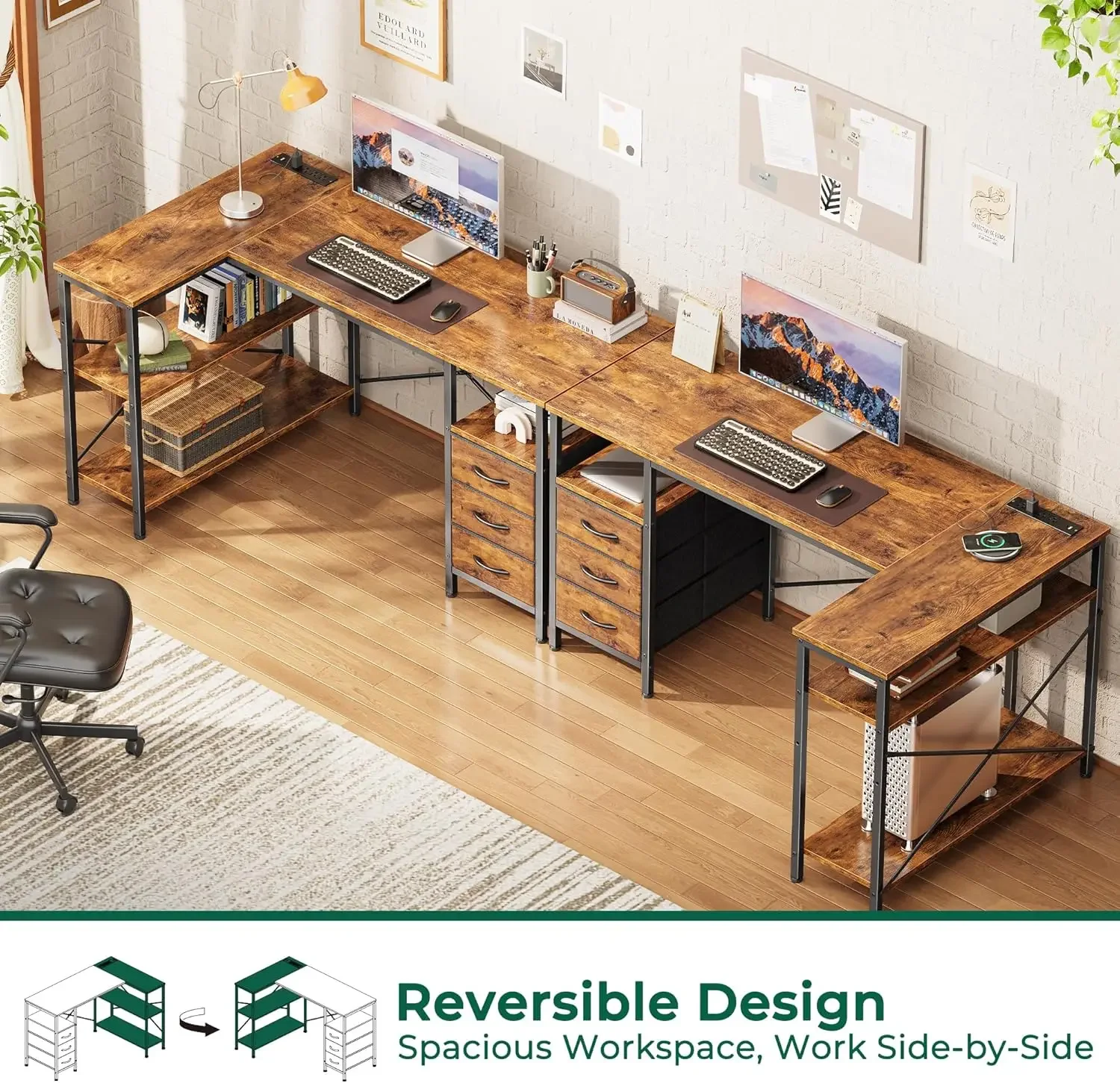 

LShaped Office Desk with Power Outlets, 47 Inch Computer Desk with 3 Drawers, Shelves,Office, Study, Rustic Brown