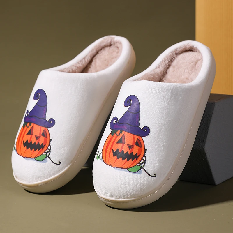 Halloween Pattern Embroidery Stuffed Home Devil Slide Plaid Furry Cotton Slippers Warm Non-slip Indoor Slipper Pumpkin  Mom Gift