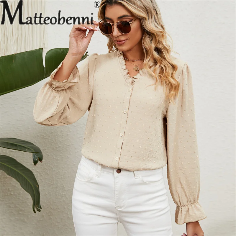 

Elegant Wooden Ear Edge V-neck Blouse Women Spring Autumn Petal Sleeve Cardigan Bottoming Shirt Female Street Style Casual Tops