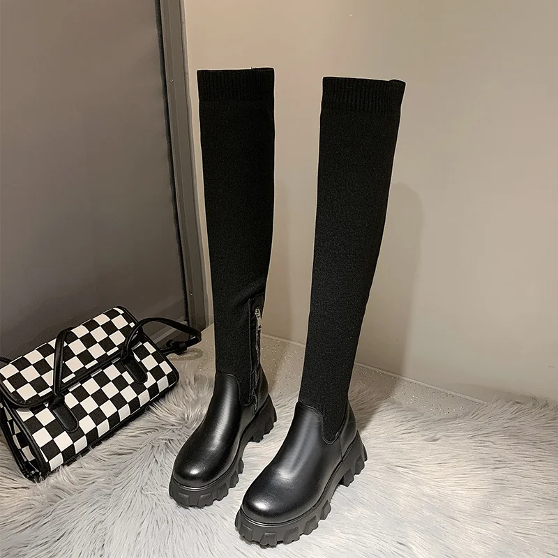 Women Thigh High Boots Stretch Sock Modern Zipper Winter Ladies Over-the-Knee Boots Long Platform PU Leather Breathable Shoes