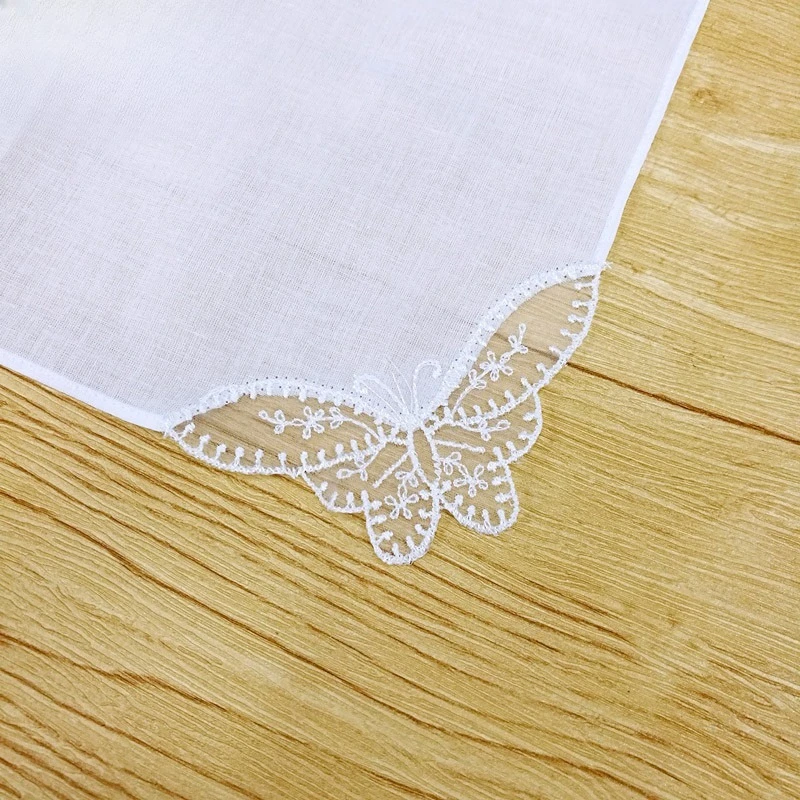 12 ชิ้น 28 ซม. ผ้าฝ้ายแท้ ผ้าเช็ดหน้าลูกไม้สีขาวบริสุทธิ์