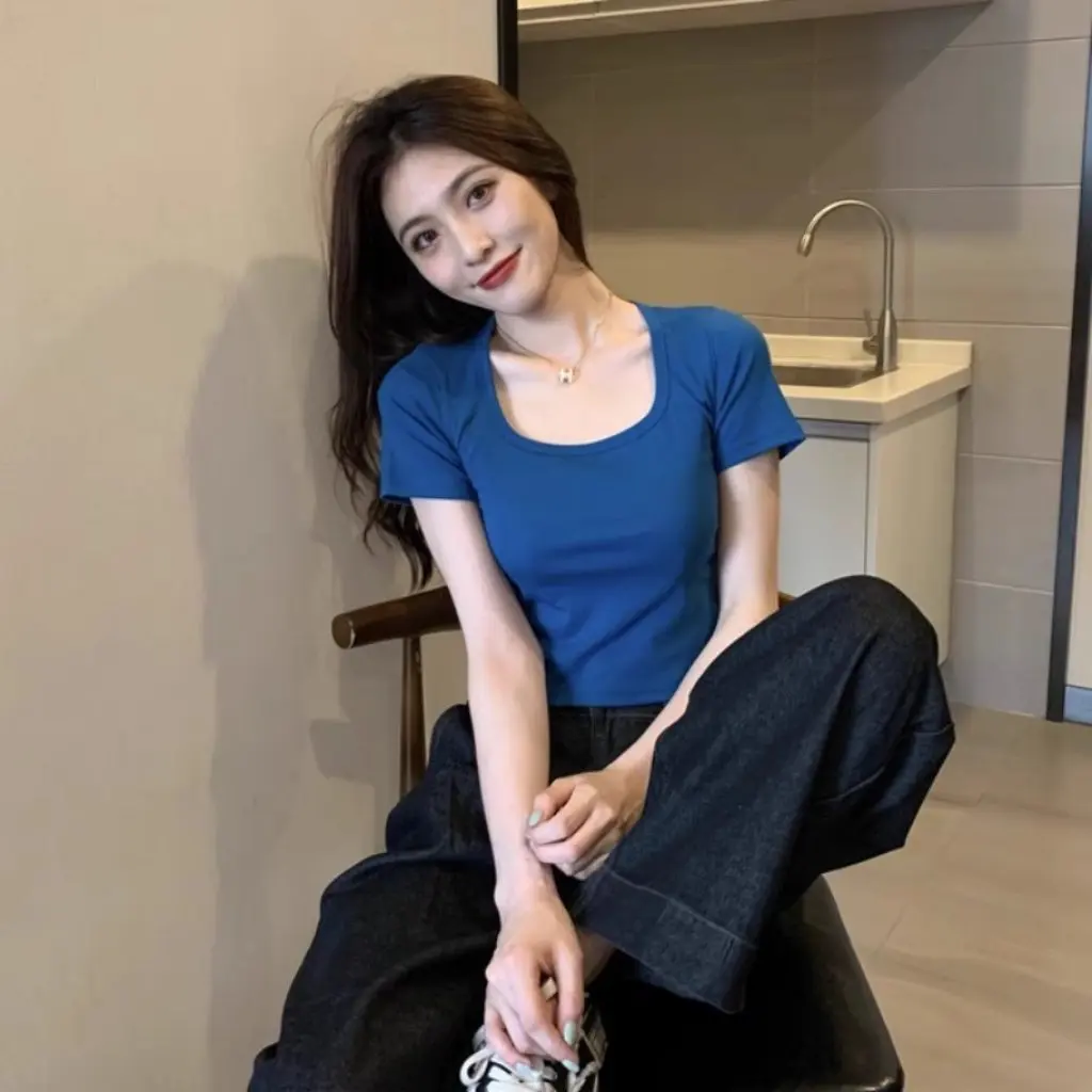 

Women's Trendy Square Collar Short-Sleeved T-Shirt Summer Ins Celebrity Style BM Top Sweet Cool Design Niche Fashion