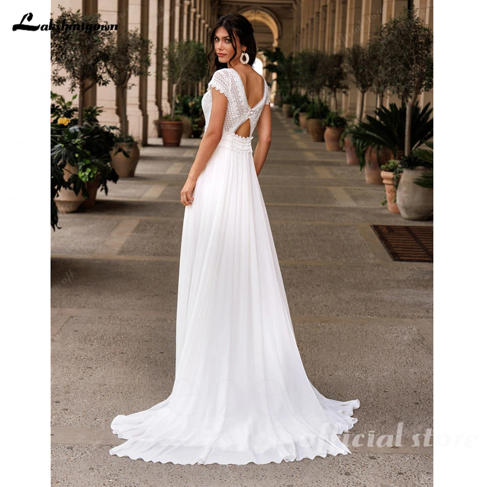 Lakshmigown Sexy Elfenbeinfarbenes Boho V-Ausschnitt Spitzen-Chiffon-Hochzeitskleid für Frauen Applikationen A-Linie Brautkleid Vestidos De Novi Maßanfertigung – Detail 6
