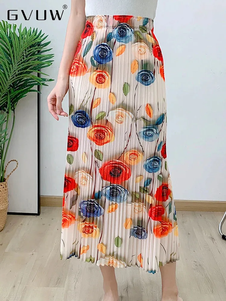 

GVUW Pleated Print Skirt Women Elastic Waist Versatile Fashion Loose Casual New 2024 Female Colorful Holiday Clothing 17G8196