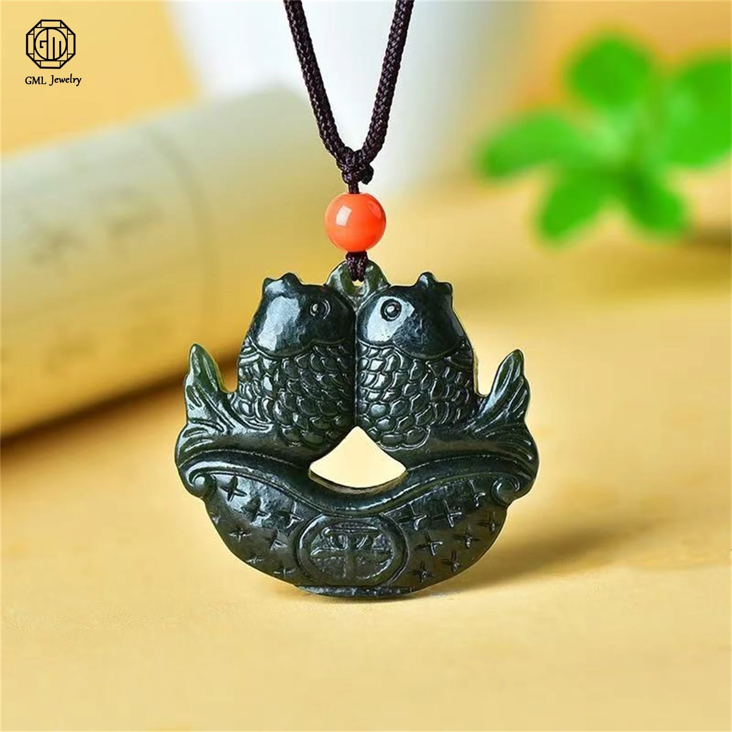 Natural Hetian Dark Green Jade Double Fish Abundant Year Carved Pendant Men Long Chain Sweater Exquisite Necklace Jewelry Gift