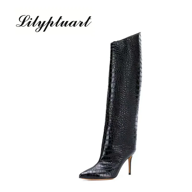 

Женские сапоги с острым носком, высокие сапоги до колена на высоком каблуке-шпильке, обувь для ночного клуба, большой размер 34-43