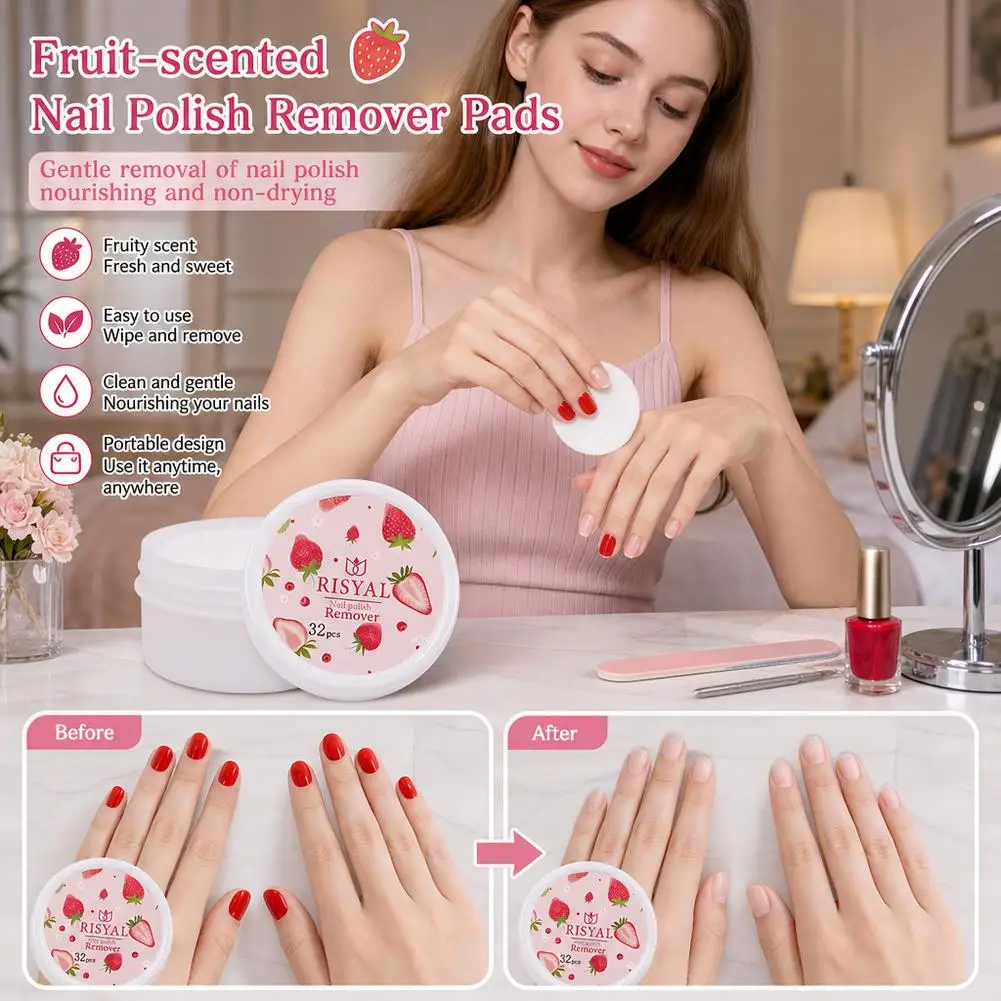 32pcs/Box Strawberry Nail Polish Remover Pads Fruity Scent Disposable Nail Polish Remover Wipes Moisturizing Nail Cleansing Pads view 4