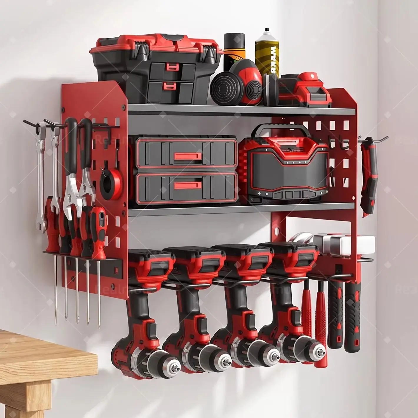 organizzatore-per-utensili-elettrici-da-150-libbre-montaggio-a-parete-scaffale-in-metallo-con-4-supporti-per-trapani-pannello-forato-capacita-150-libbre-per-garage-e-officina