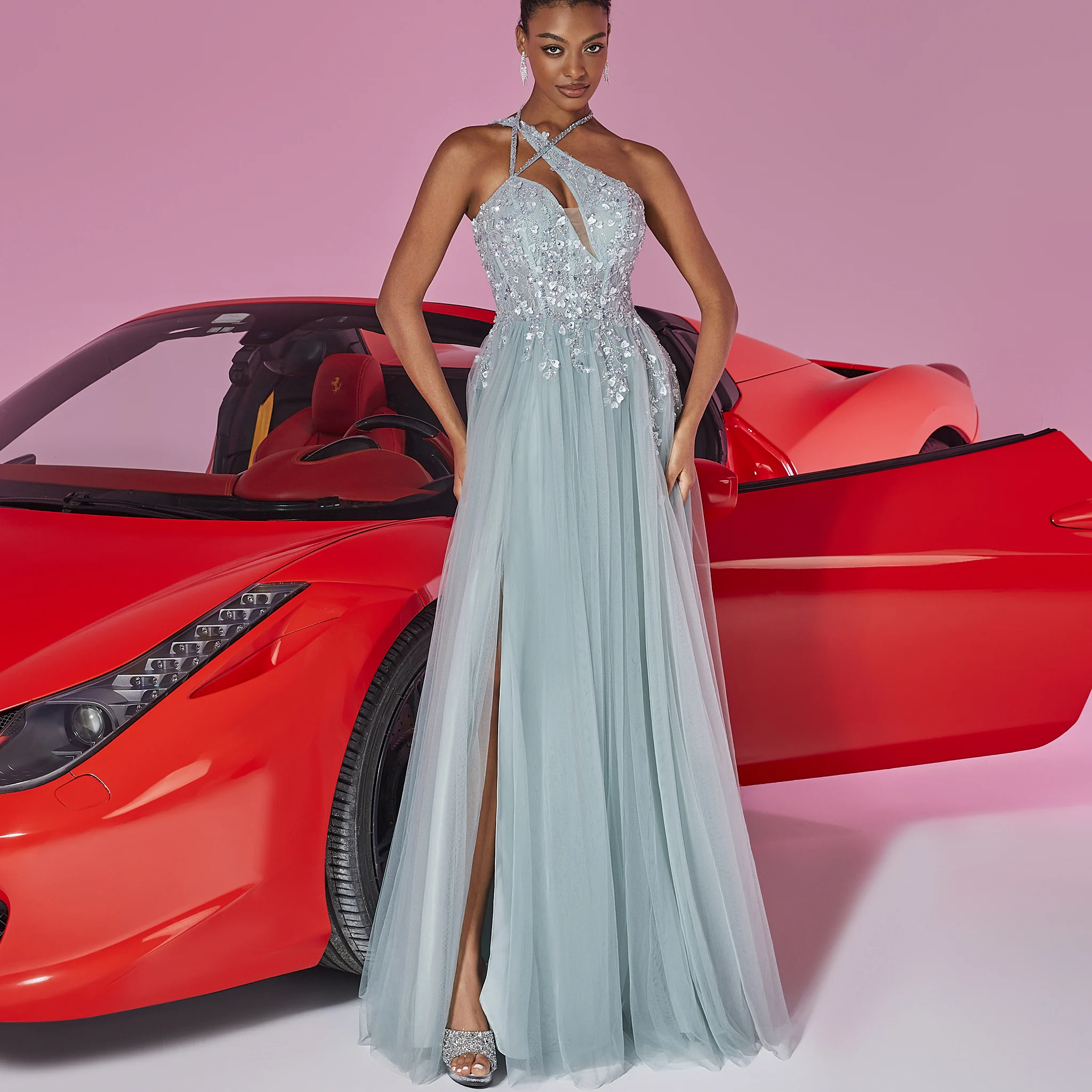 Rosymae elegante columna hendidura vestido Formal muslo dividido vestido de fiesta de noche elegante figura favorecedora para eventos de noche de gala de graduación