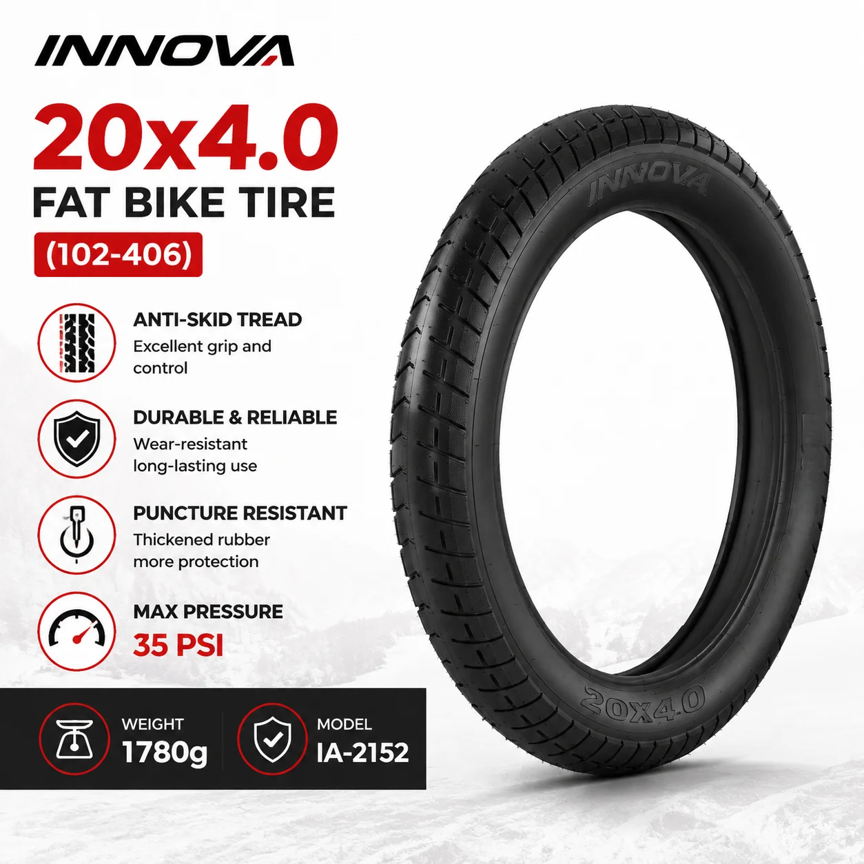 

INNOVA 20x4.0 (102-406) FAT Bike Tire IA-2152 35PSI 1780g/pc 20inch Electric Bicycle Mobile Snow Bike Thicken Tyre and Tube