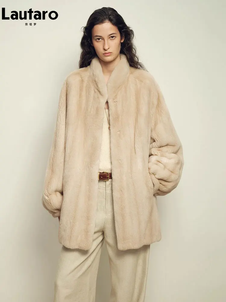 Lautaro Autumn Winter Thick Warm Faux Mink Fur Coat Women Stand Collar Luxury High Quality Elegant Chic Fluffy Overcoat 2026
