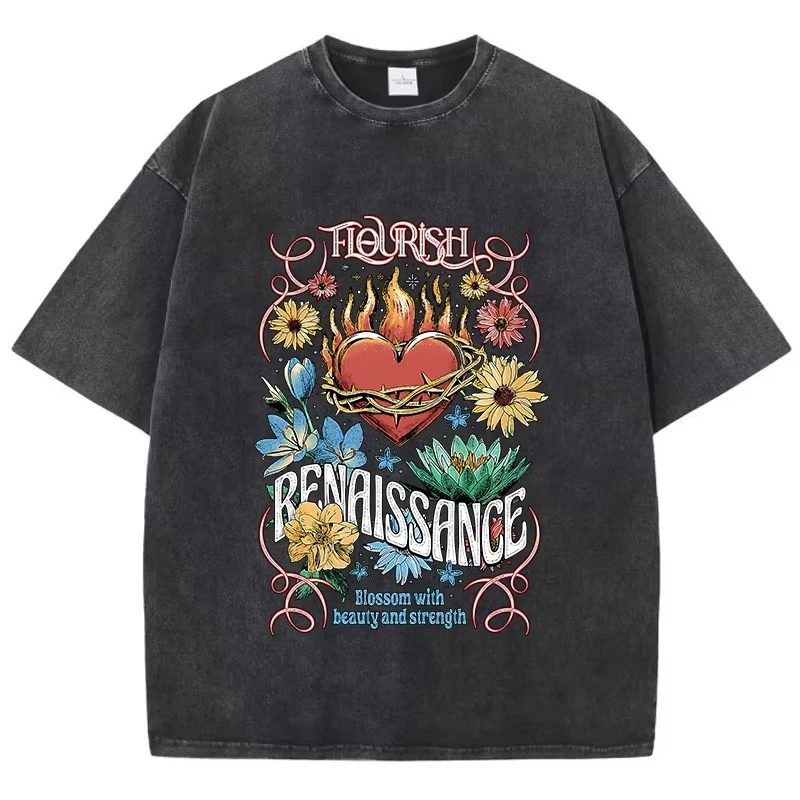 

Cotton Womans Acid Wash T-Shirts Flourish Renaissance Flower Prints Tops Oversize Distressed Crewneck Tee Shirts Casual Clothes