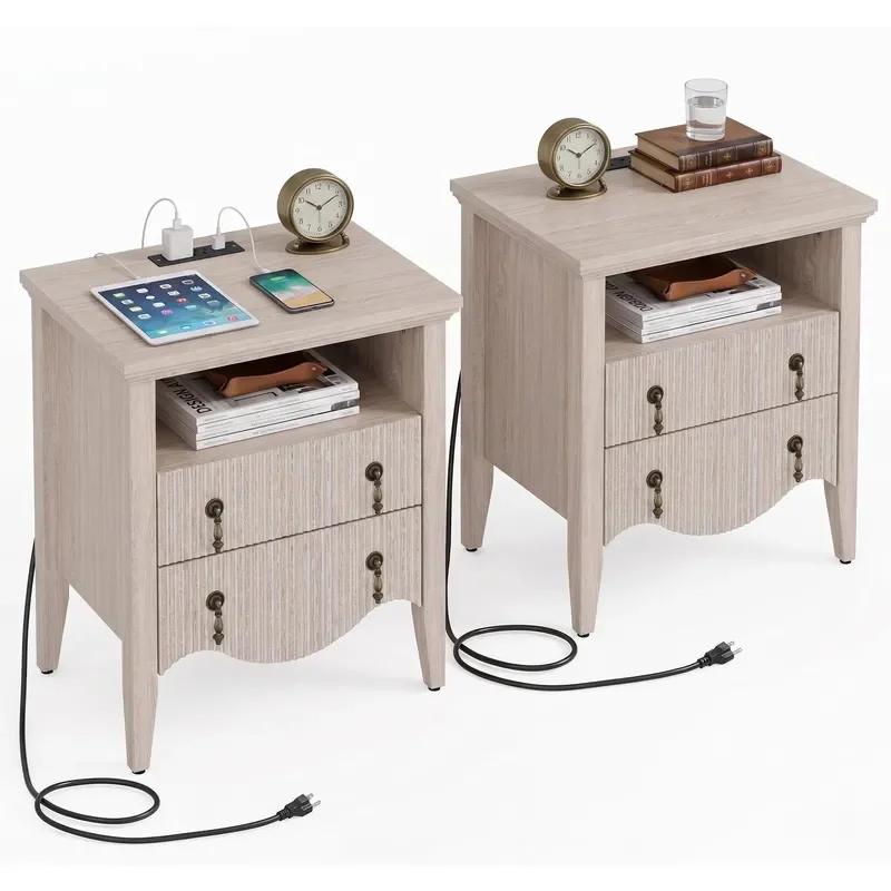 for Bedroom Supplies Two Drawer Nightstand with Groove Design and USB Charging Port