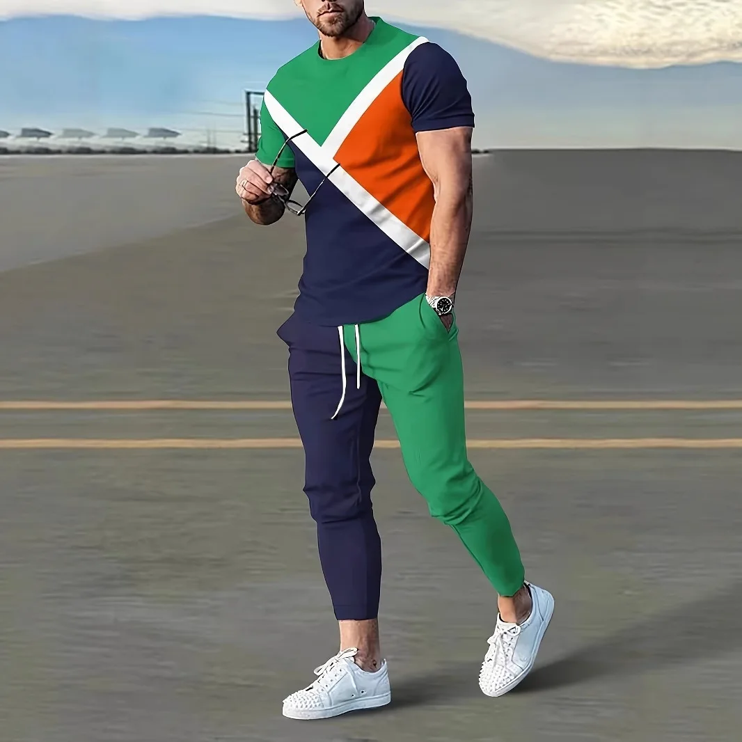 New Mens Casual Short Sleeve Set 3D Digital Printing Colorful Stripes Fashion Short Sleeve  Long Pants Suit.