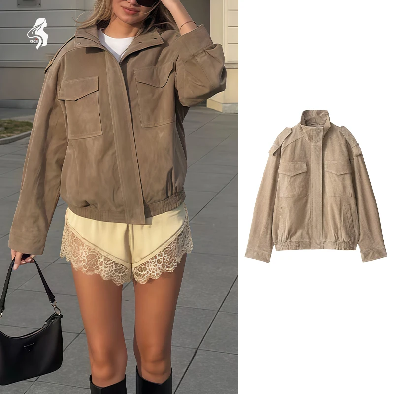

Женская модная рабочая одежда, замшевая короткая куртка с воротником-стойкой на молнии, универсальное модное пальто, подходящее для повседневной уличной одежды