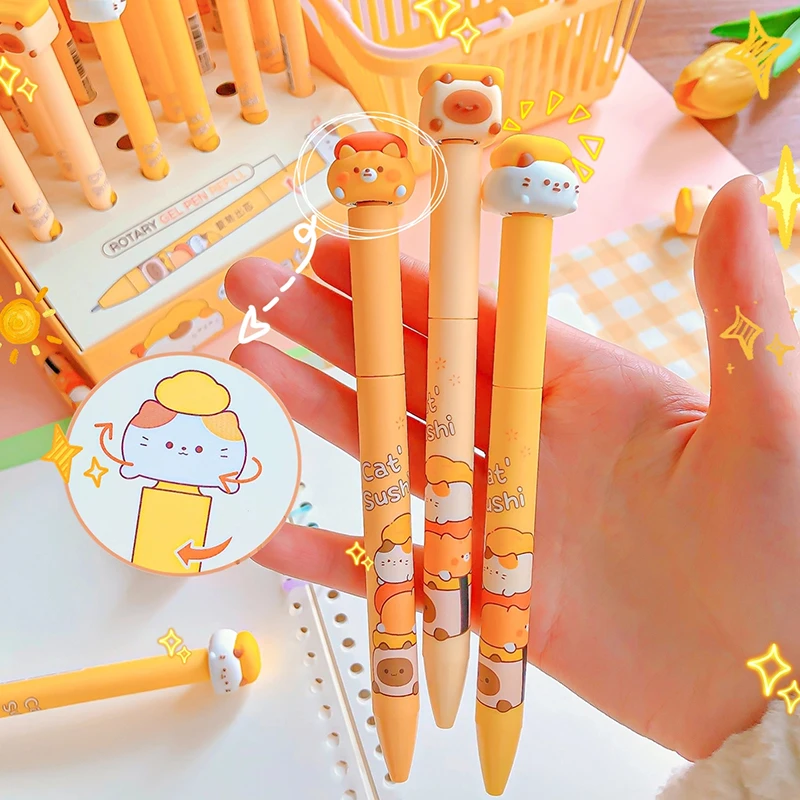 Kawaii Kantoorbenodigdheden Kantooraccessoires Schoolbenodigdheden Kit Roterende Kat Schattige Pennen Esthetische Zwarte Inkt Gel Pen Balpen