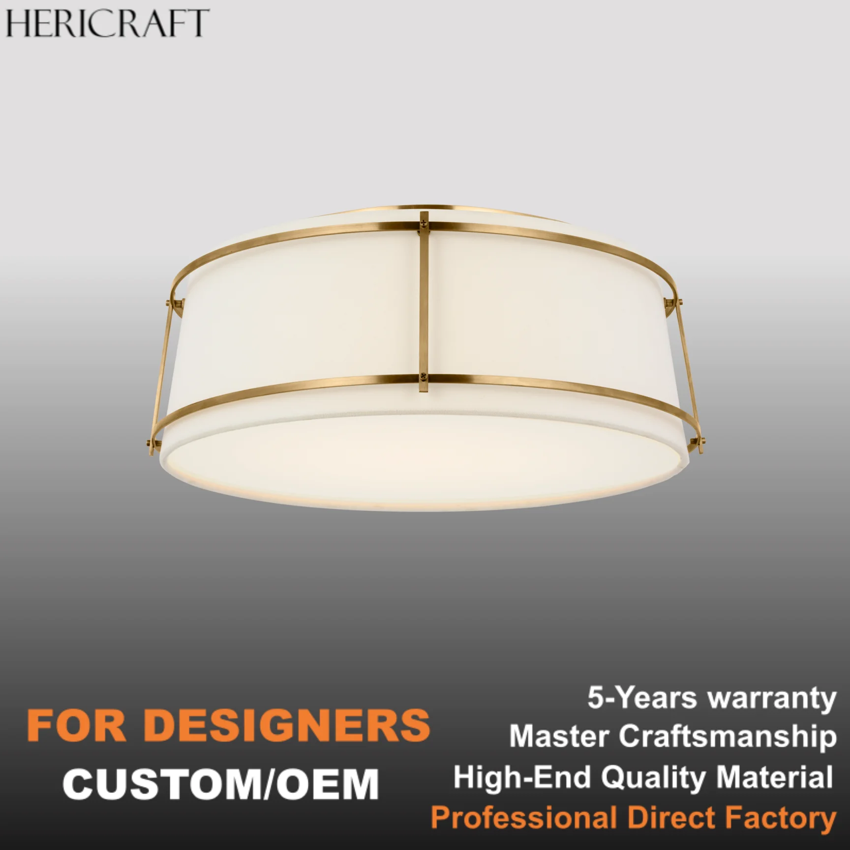 Direct Sales Brass Frame Flush Mount Linen Drum Ceiling Light For Bedroom Living Dining Kitchen 110V UL Standard