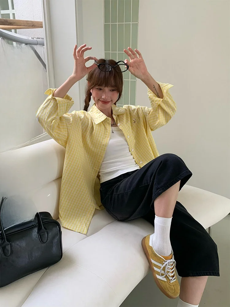 

Loose Women's Long Sve irt Yellow Plaid Autumn Korean Sle Outerwear BF Wind Small Size Casual Cotton Collar Butto...