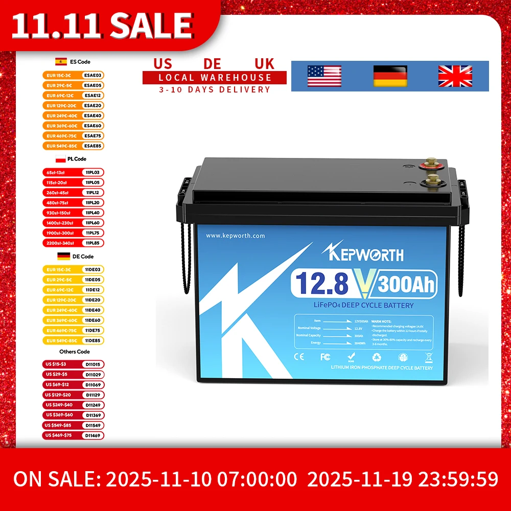 KEPWORTH Batterie LiFePO4 12 V 300 Ah, BMS 200 A intégré 3840 Wh Cycles profonds d'énergie, parfaite pour hors réseau, camping-car, système solaire