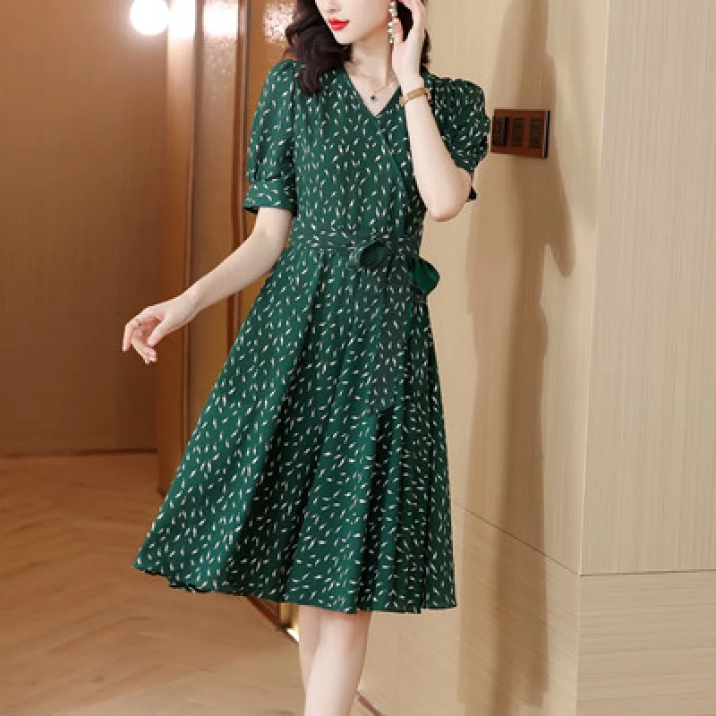 2023 New Fashion Silk V-Neck Printed Dress Women's Summer Elegant Retro Versatile Waist Shrinking Leisure Holiday Dress Vestidos