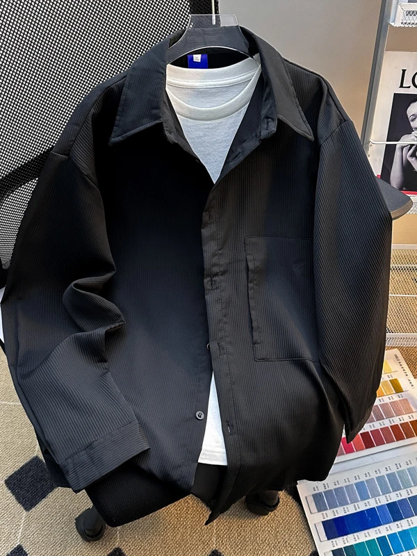 

Мужская однотонная рубашка с длинным рукавом, весна-осень, новая коллекция, повседневная, с эффектом драпировки, немнущаяся, свободного кроя, модный топ