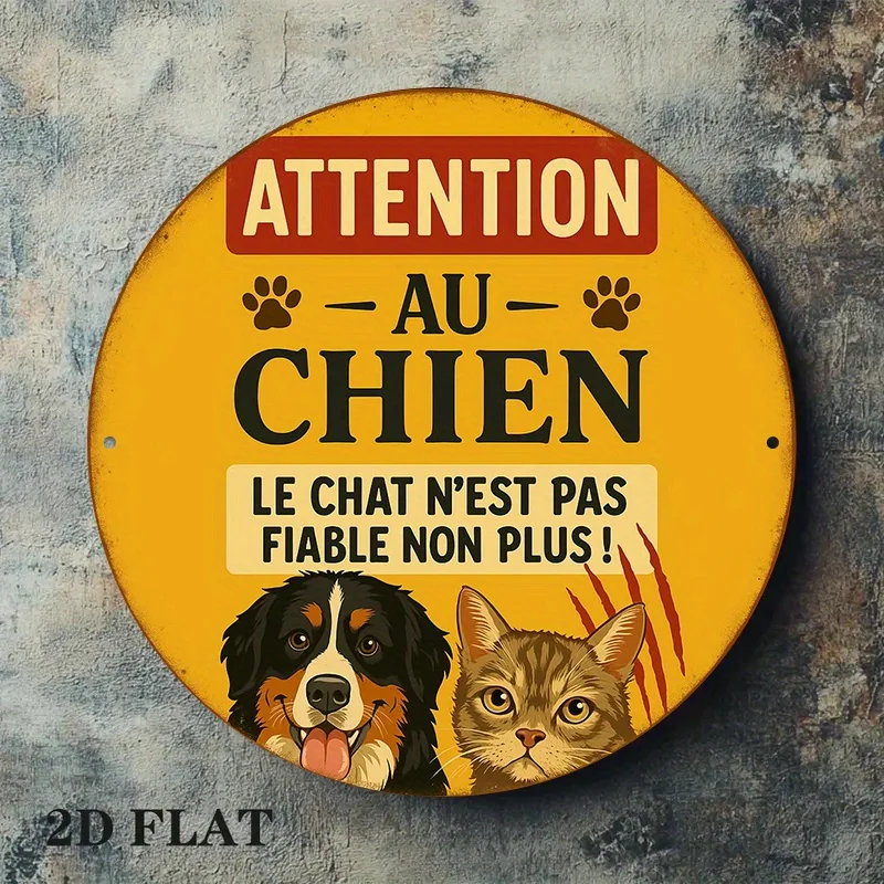 Letrero de madera plano 2D vintage francés con la inscripción 'Atención al Perro', placa redonda retro divertida con diseño de perro y gato, arte de pared estético con advertencia para mascotas, estilo rústico