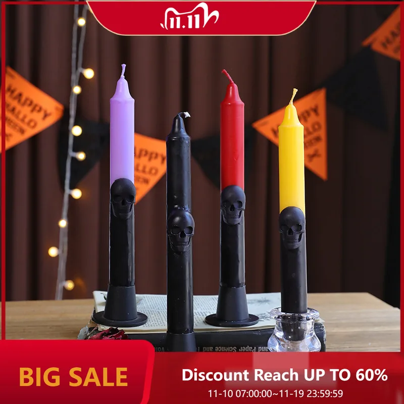 Gothic Skull Taper Candles Autumn Halloween Black Candles Beeswax Spooky Candle for Table Home Decoration