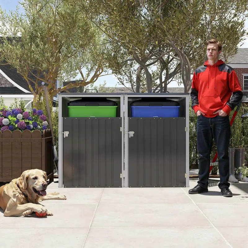 

Metal Outdoor Garbage Bin Shed for 2 Trash Cans, 54 cu ft Storage, Galvanized Steel, Grey Storage for Garden Lawn