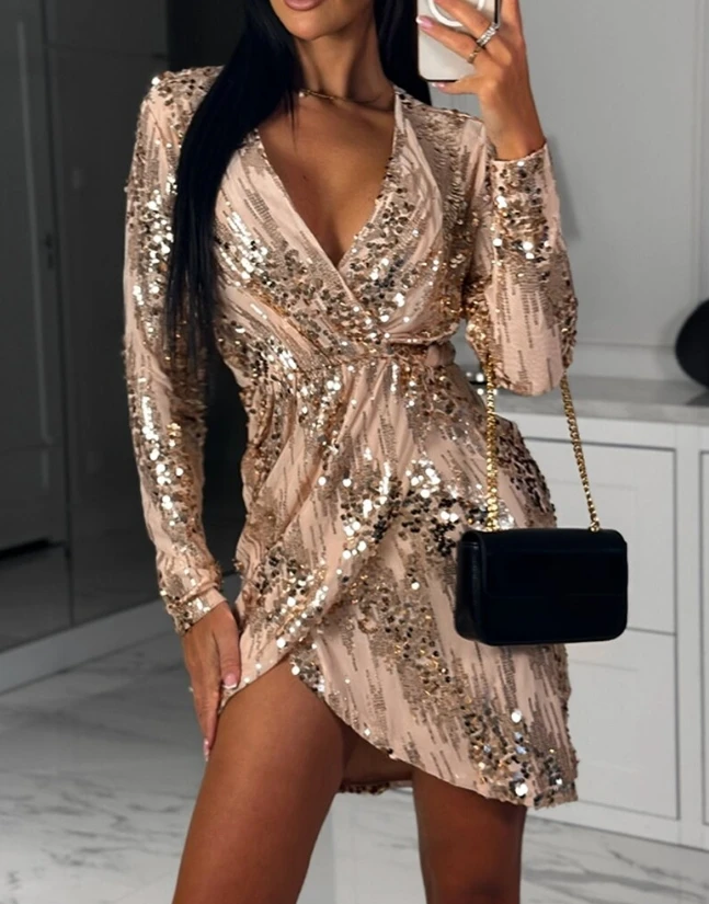 Women's Sexy Ruched Plunge Long Sleeve Sequin Dress Temperament Female Fashion Asymmetrical Long Sleeve Elegant Party Dresses