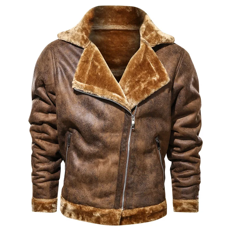 New Fashion Men Diagonal Zipper Leather and Fur Integrated Jackets and Coats Male Fleece Warm Leather Jackets Slim Fit Jaquetas