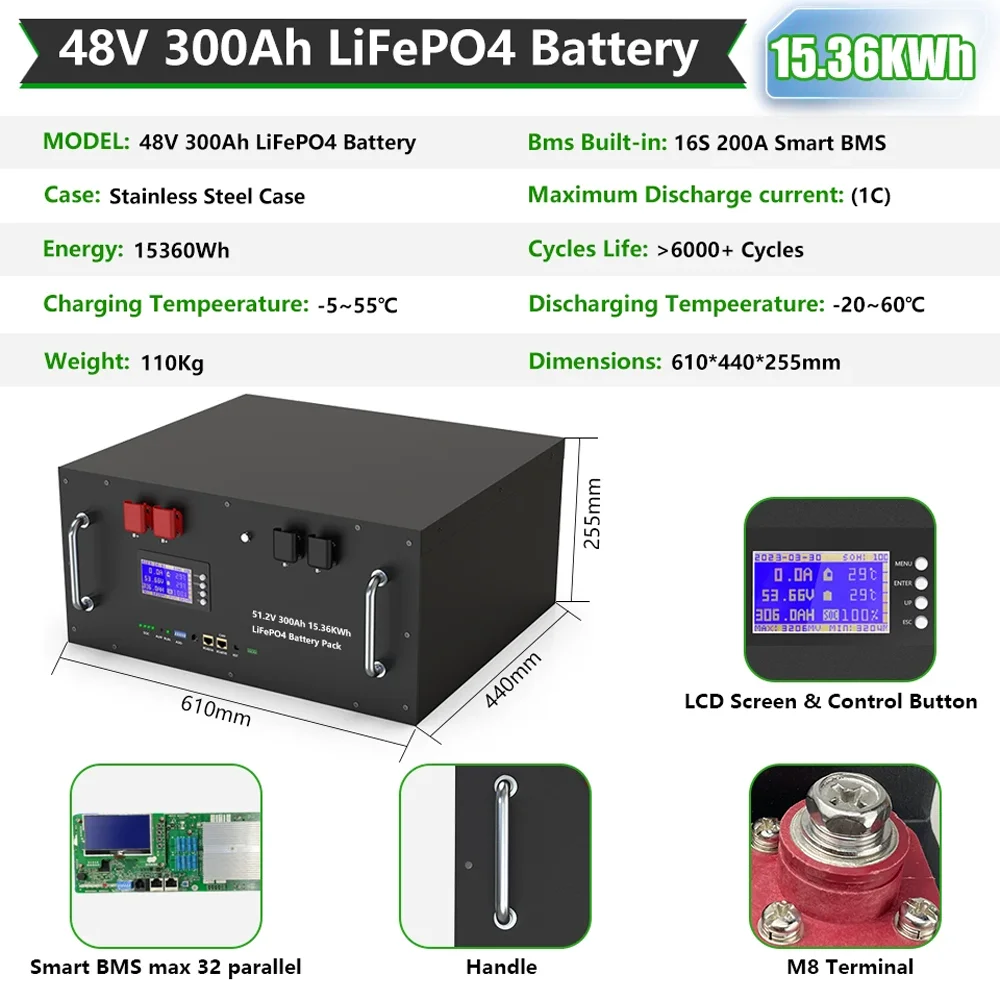 LiFePO4 48V 300Ah 200Ah 100Ah Battery Pack 15Kw 6000 Cycle 16S BMS 51.2V RS485/CAN PC Control Off/On Grid Solar Storage Battery