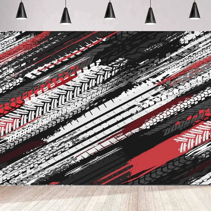 Striped Photography Backdrop Black Red Grey Motorcycle Bicycle Tire Tracks Wavy Stripes Background Wall Banner Poster Decor