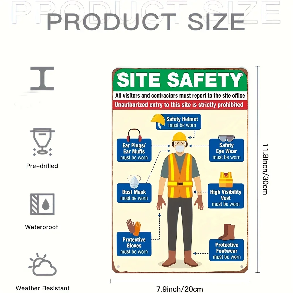 Aluminum Construction Safety Sign 2D Flat 48cm – Durable Metal Tin Label with Hanging Hole, Emphasizes Wearing Safety Gear for S