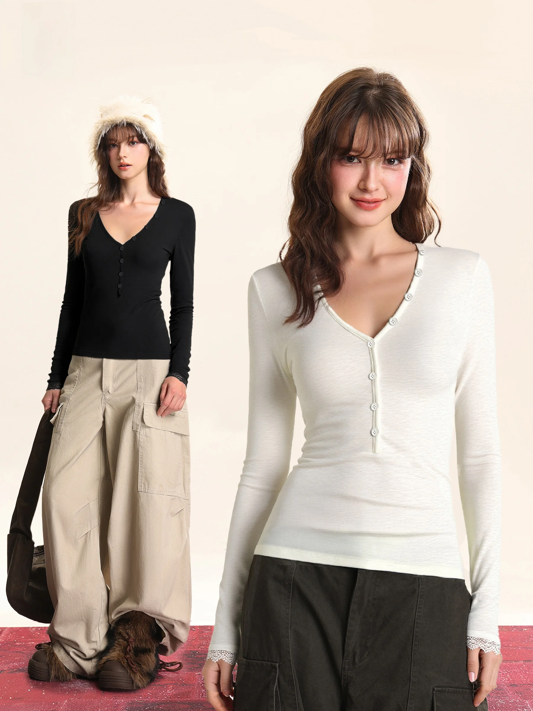 

White Long Sleeve Lace V-Neck T-Shirt Women's Slim Fit Spring Autumn Design Sexy Base Shirt Inner Wear Top American Style