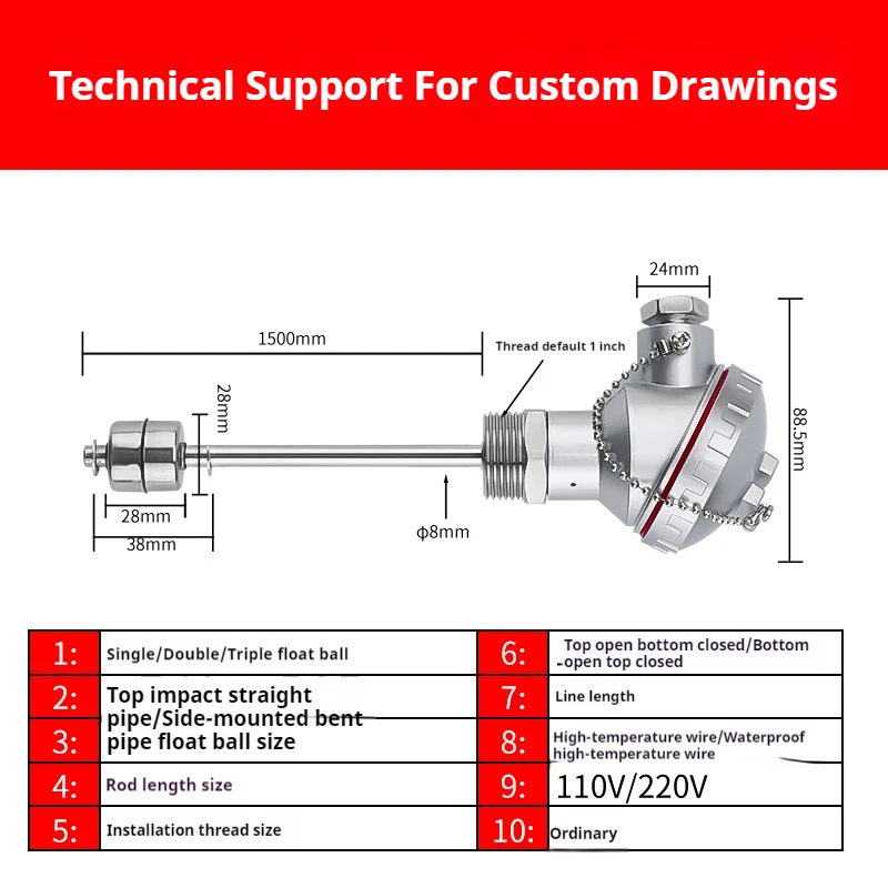 Rod Type Float Level Switch G1 Thread Stainless Steel Ball Float Liquid Level Controller 45‑1500 mm Industrial Sensor