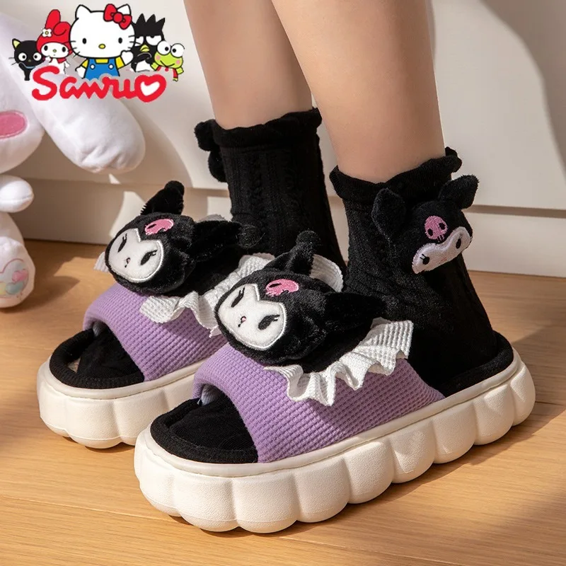 MINISO Melody Kuromi Hello Kitty Cinnamoroll Pochacco Linen Slippers Women's Cute Princess Student Four Seasons Linen Slippers