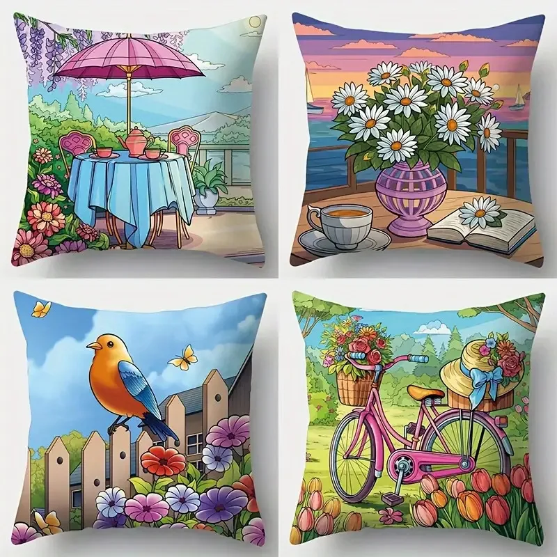 Cartoon Garden Scene Pillow Covers Daisy Bicycle Bird Decorative Throw Pillow Cases, Pastoral Home Decor for Sofa Bed, No Insert