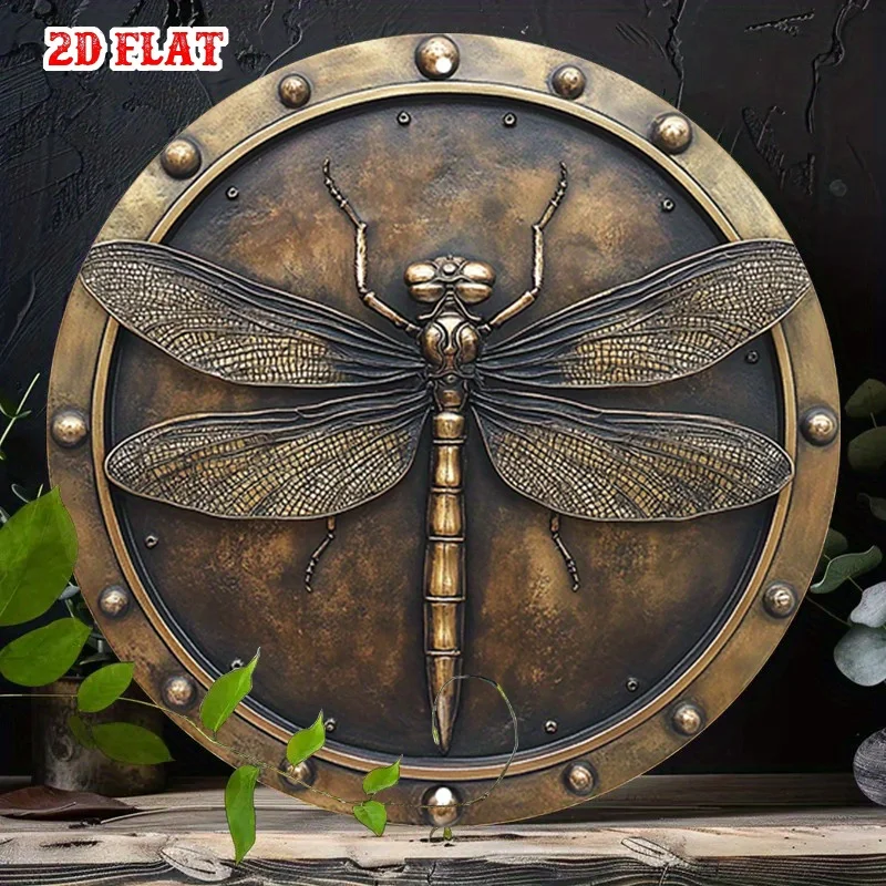 2D Flat - A Classic 2D Flat Metal Sign Showcasing a Bronze Dragonfly with a Dark Patina, Perfect for Artistic Environments Like
