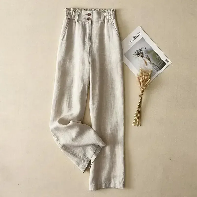 Cotton Linen Pants Korean Fashion High Waist Casual Bottom Wide Leg Pants Women Oversize Clothes Trousers Loose Breathable Pants